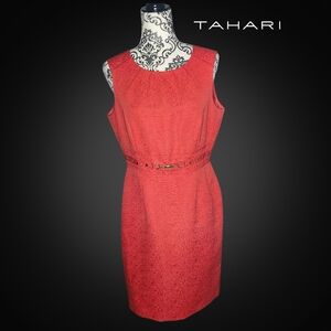 TAHARI Burnt Orange Midi Dress With Gold Belt - 10